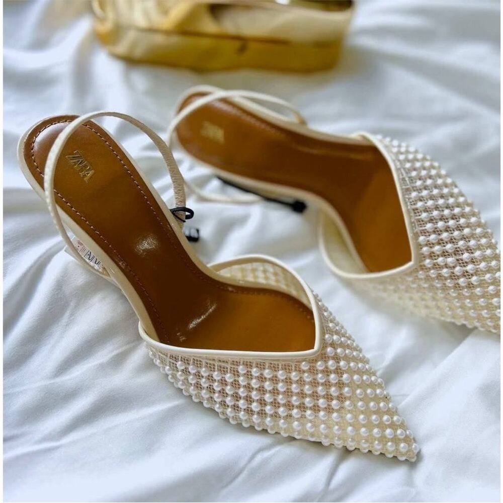 Zara Ivory Pearl-Embellished Pointed Slingback Heels